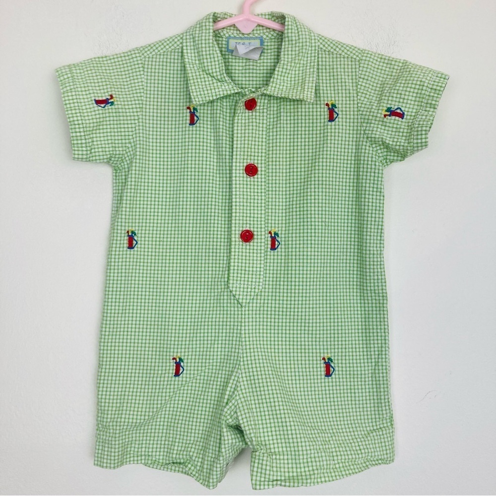 K & L green seersucker collared golf romper. 12 months.